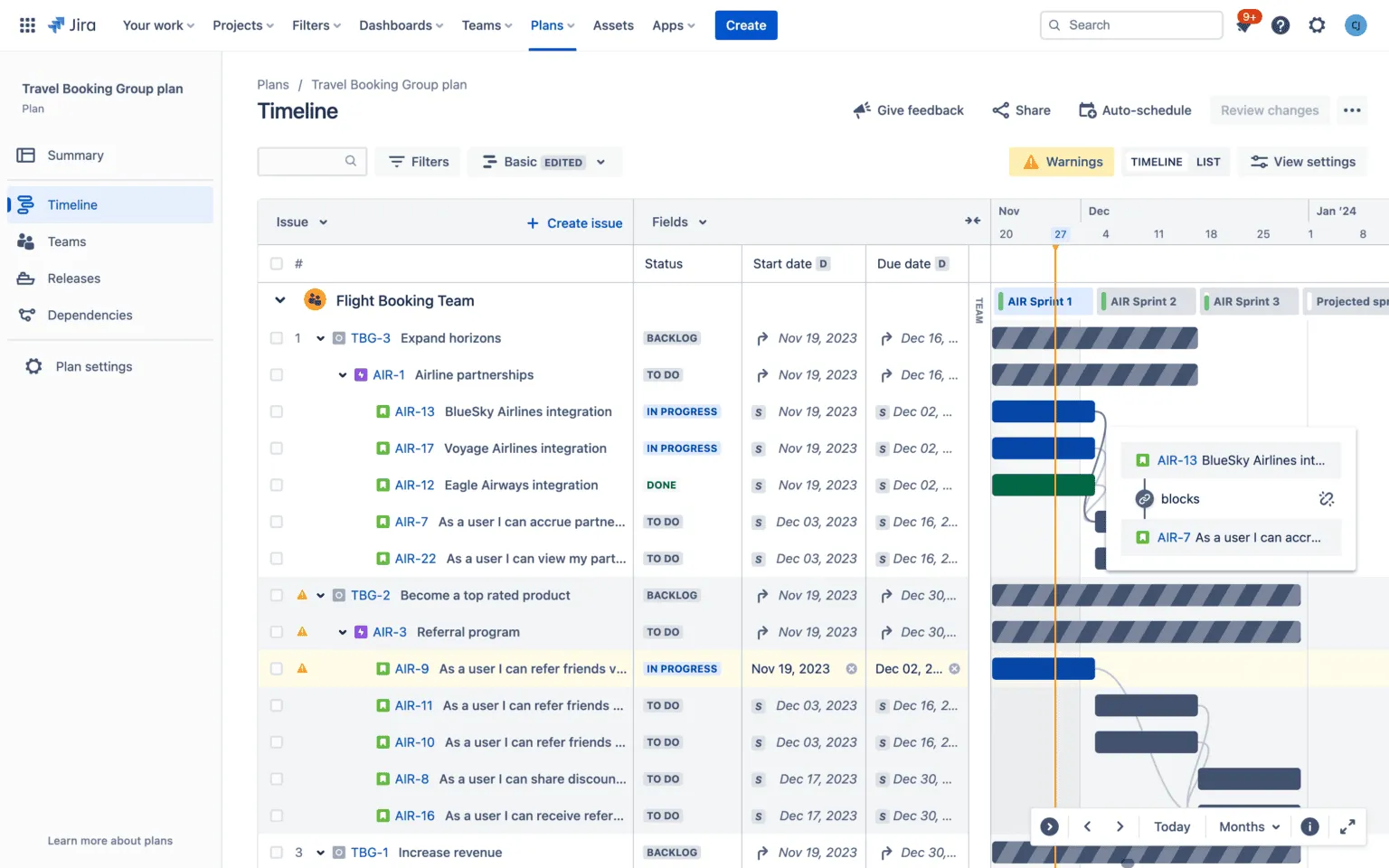 Timeline i Jira med visuelt overblik over opgaver og deadlines på tværs af teamet